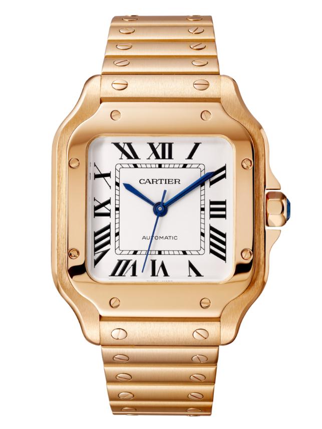 The luxury copy Santos De Cartier WGSA0008 watches have silver-plated dials.