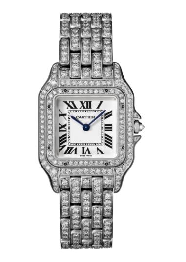 The luxury fake Panthère De Cartier HPI01130 watches are made from white gold and diamonds.