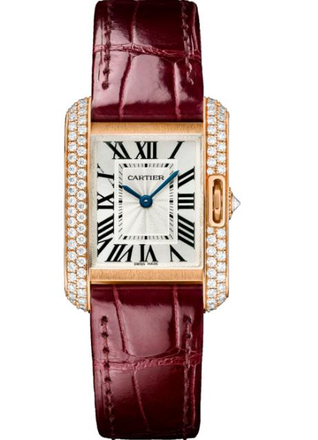 The eye-catching replica Cartier Tank Anglaise WT100013 watches have wine red alligator leather straps.