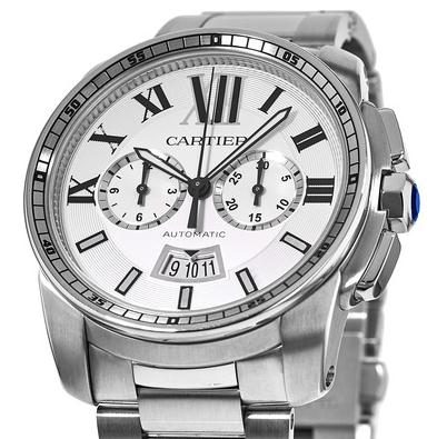 The 42 mm copy Calibre De Cartier W7100045 watches have silver-plated dials.