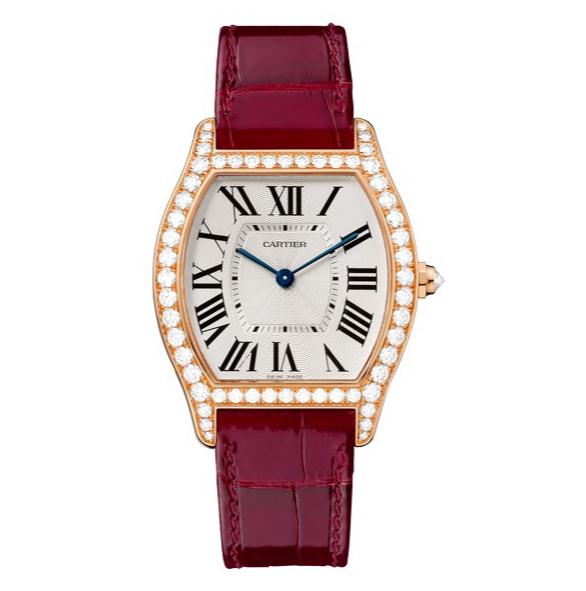 The 18k rose gold fake Cartier Tortue WA501006 watches have red alligator leather straps.