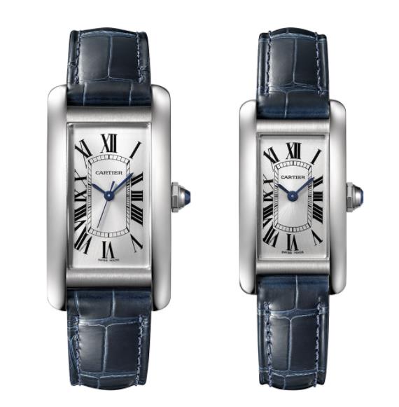 Two Blue Alligator Leather Straps Fake Cartier Tank Watches UK For Couples