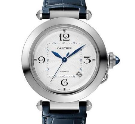 The blue hands are striking on the silver dial.