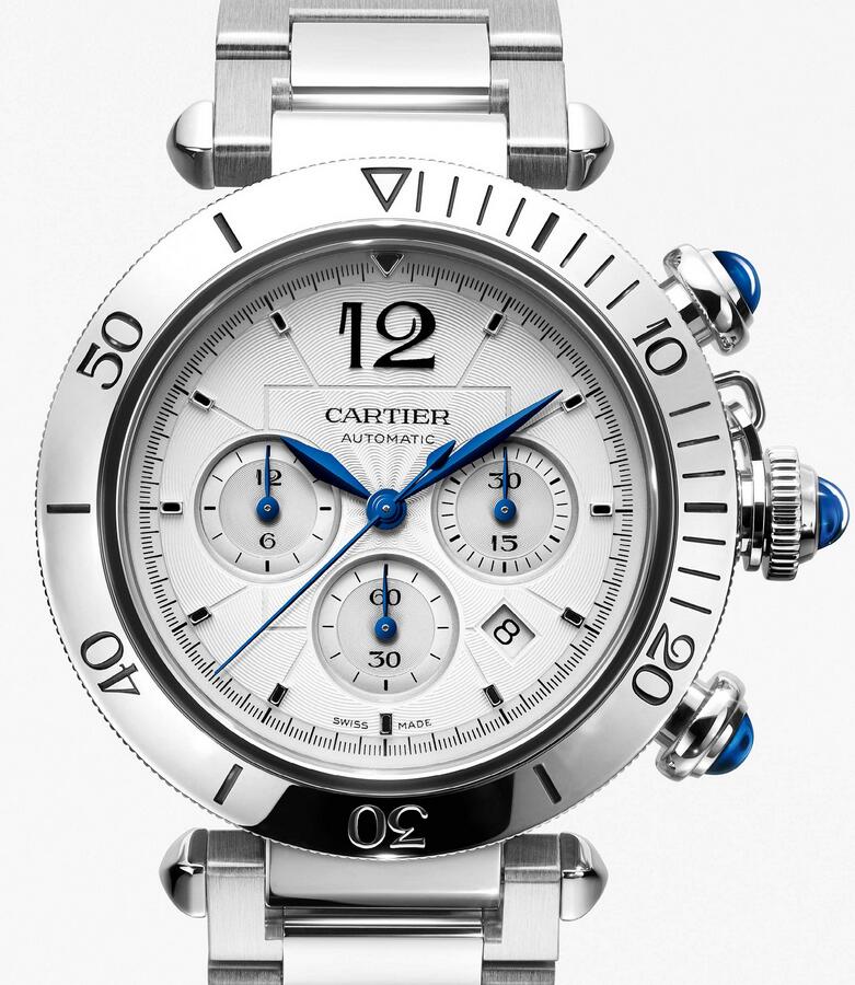 Swiss replica watches ensure blue colored hands on the white dials.